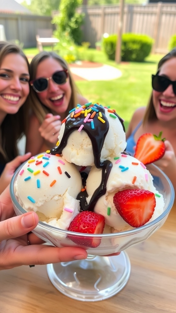 A bowl of vanilla ice cream with sprinkles and strawberries, enjoyed by friends outdoors.